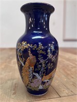 VTG Japanese cobalt blue peacock painted vase 6’’