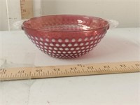 Cranberry Moonstone glass tab handle bowl