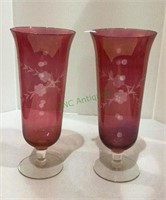 Beautiful pair of cranberry etched vases with