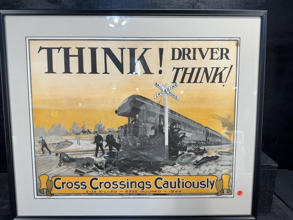 1925 RAILROAD CROSS CAUTION ENGRAVING IN FRAME