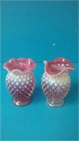 Pair Of Small Cranberry Hobnail Vases