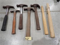 (5) Various Claw Hammers w/ 2 Extra Wooden Handles