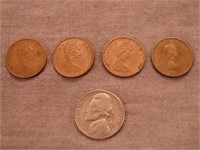 Lot of 4 Canadian Pennies & one silver 1964 Nickel