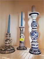 3 BLUE AND WHITE CANDLE HOLDERS BOMBAY