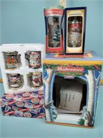 Budweiser beer ornaments, empty stein box,