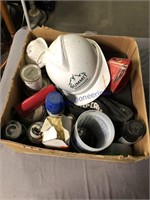 MISC BOX--HARD HAT, FUNNEL, CANS OF STAIN/ FINISH