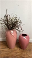 2 glazed pink ceramic vases, 18,13” sizes full of