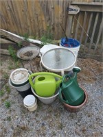 Planters, Waters, Buckets, Two Metal Tables