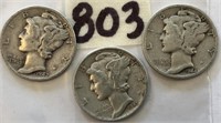 1942D,1944D,1945 3 Mercury Silver Dimes