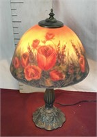 Reverse Painted Lamp, Rose Motif, Lillypad Base
