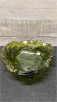 Olive Green Glass Embossed Dish 7"