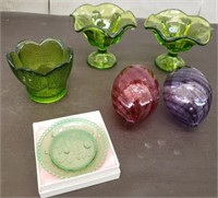 Lot of Green Candle Holders, MCM Viking Glass