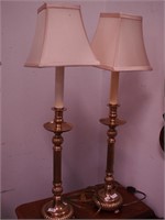 Pair of brass candlestick lamps with shades, 26"