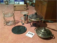 Silver (?) chafing set (2 piece) along with 2 tier