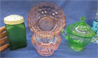 green glass shaker -green fire king sugar bowl -