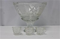 Cut Glass Punch Bowl w/ Pedestal & Glasses