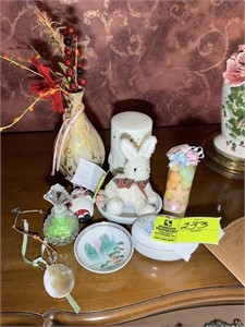 Group of decorative items including perfume decant
