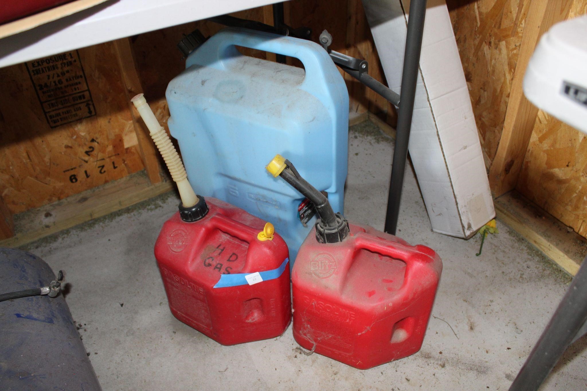 2 gasoline tanks and one water container