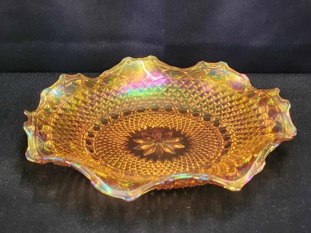 RUFFLED 10" CARNIVAL GLASS MARIGOLD IRIDESCENT