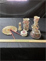 Misc glassware and vases, hat pin holder