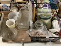 Wire basket, baking dishes, assorted items