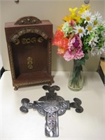 Tin Cross, Religious Wall Decor & Faux Flowers