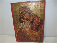 VINTAGE PAINTED RELIGIOUS ICON ON WOOD