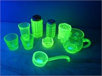 Uranium Glass S&P Shakers Shot Cups Salt Cellar