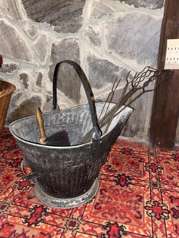 GALVANIZED COAL BUCKET, BRUSH, & HOTDOG STICKS