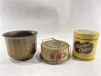 VTG Cake Holder, Charles Chips Tin & Brass Pot