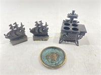 Cast Iron Ship Bookends, Cast Iron Mini Stove