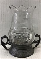 VINTAGE ETCHED GLASS IN METAL BASE