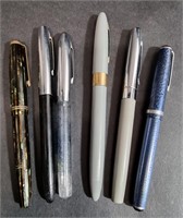 6 FOUNTAIN PENS ONE PARKER WITH 14K NIB