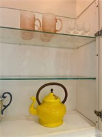 contents of cabinet teapots etc pink depression gl