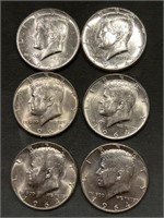 6x The Bid Brilliant Unc 1964 Silver Half Dollars