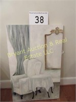 OIL CANVAS PAINTING (NOT FRAMED) & WHITE CHAIR