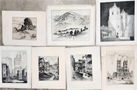 Seven Unframed Frederick Polley Etchings