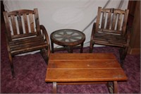 2 Wagon Wheel Chairs, End Table & Coffee Table