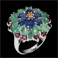 Natural  Emerald Rhodolite Sapphire Ring