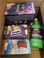 Large box of cleaning and laundry supplies