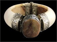 Vtg Carved Horn Hinged Cuff w Stone