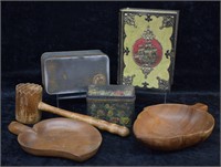 6 pcs. Antique Biscuit Tins & Wooden Kitchen Items