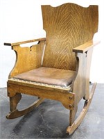 Antique Tiger Oak w/ Leather Seat Arm Chair Rocker