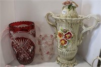 LARGE FLORAL VASE, RUBY CUT GLASS VASE