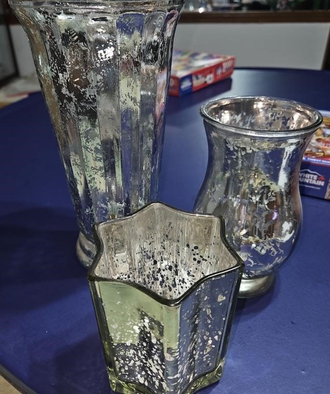3 silver and glass vases