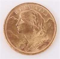 1949 SWITZERLAND 20 FRANCS 90% GOLD COIN