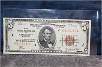1929 NATIONAL CURRENCY $5 DOLLAR BILL - RED SEAL
