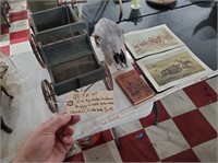 5pc lot old toy wooden wagon cow skull book prints