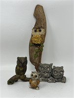 Vintage Metal Owl Figurines & Driftwood Owl
