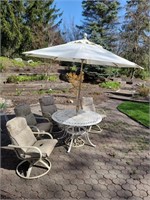 48" patio table umbrella & 4 swivel rocker chairs